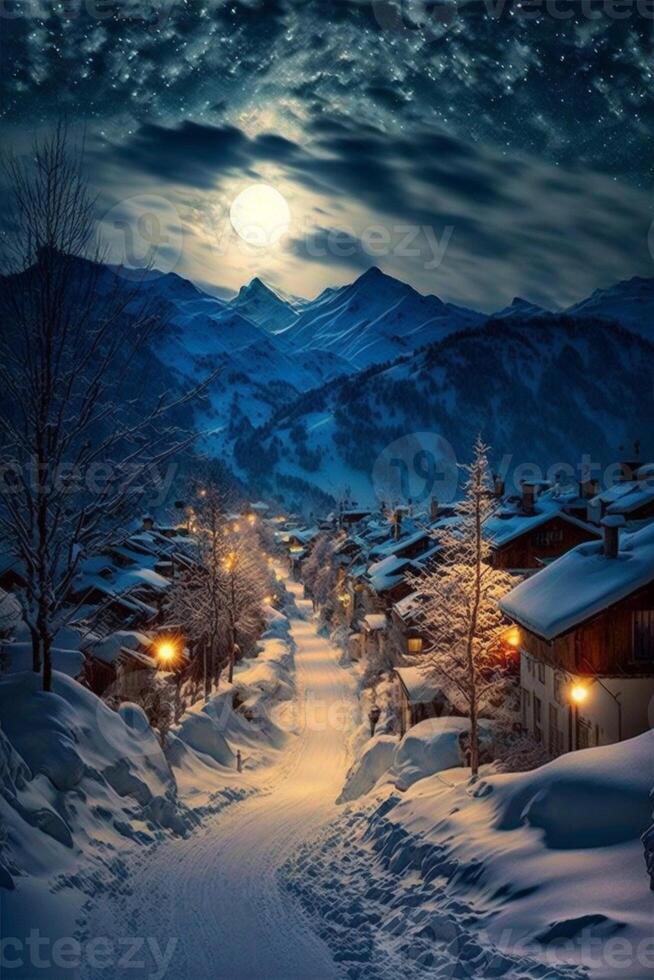 schneebedeckt Dorf beim Nacht mit ein voll Mond im das Himmel. generativ ai. foto