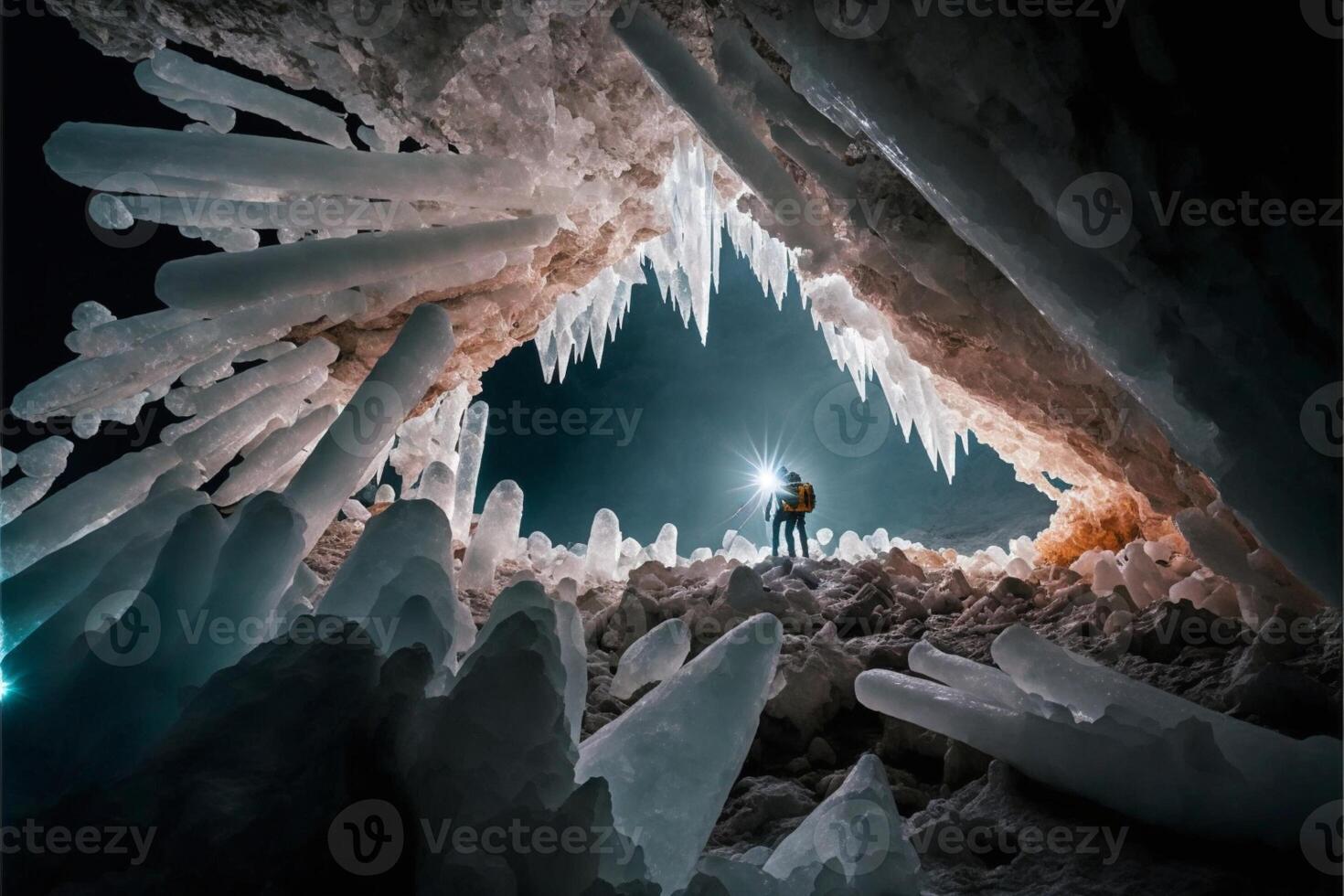 Paar von Menschen Stehen Innerhalb von ein Höhle. generativ ai. foto