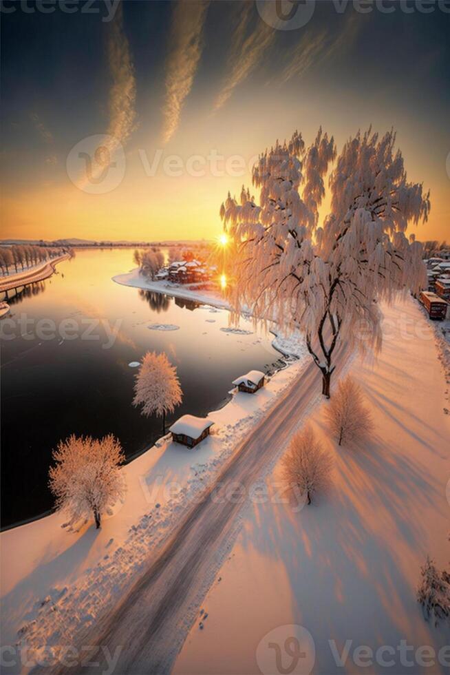 Baum bedeckt im Schnee Nächster zu ein Körper von Wasser. generativ ai. foto