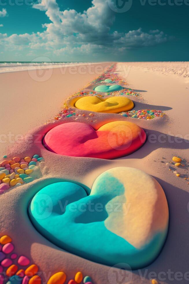 Reihe von Herzen Sitzung auf oben von ein sandig Strand. generativ ai. foto