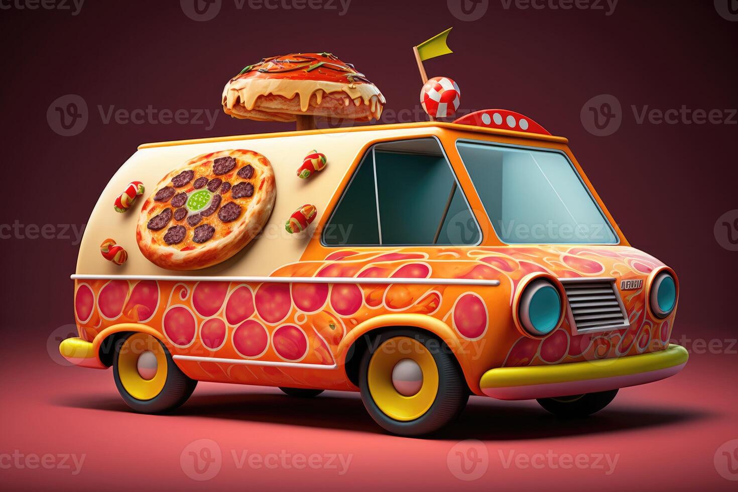 ai generiert Pizza Lieferung. Pizza wie schnell Essen Wagen. Maskottchen Pizza Auto Design. Logo zum Restaurant oder Cafe. Straße Essen Festival Symbol mit Pizza im Karikatur Stil. foto