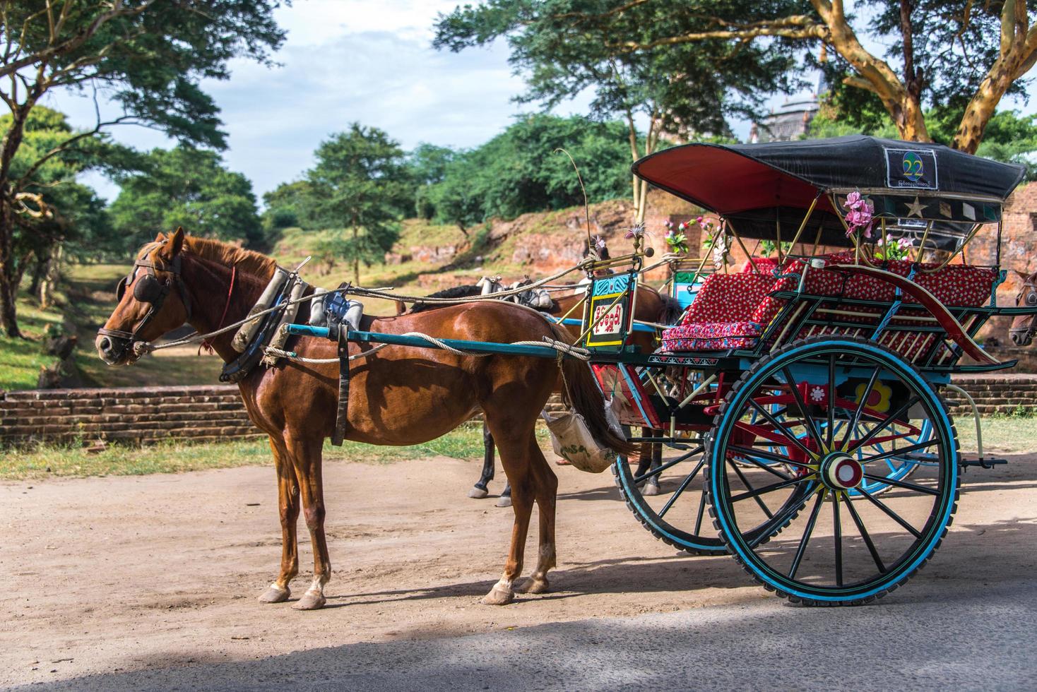 Bagan, Myanmar - - jul 18, 2018-traditionell Pferd Wagen, Tourist Taxi, Stehen auf Schmutz Straße im Bagan, Myanmar- foto