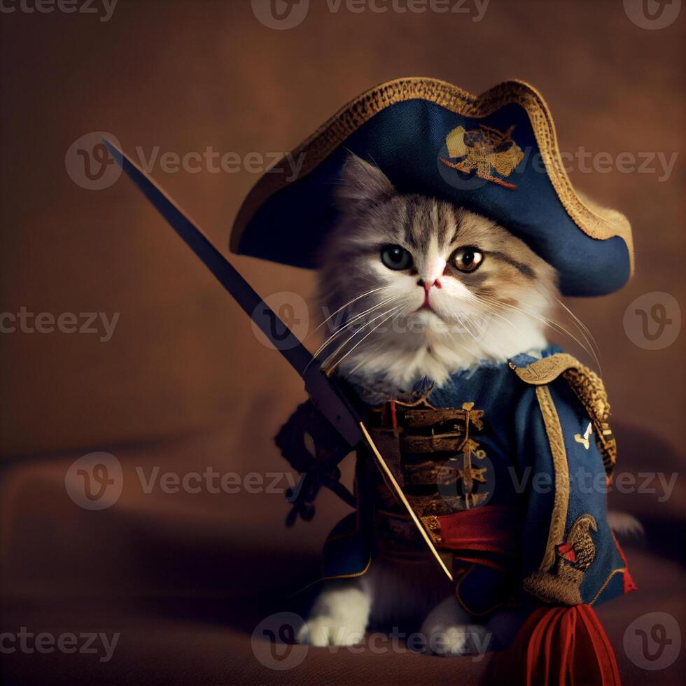 Katze gekleidet oben wie ein Pirat mit ein Schwert. generativ ai. foto