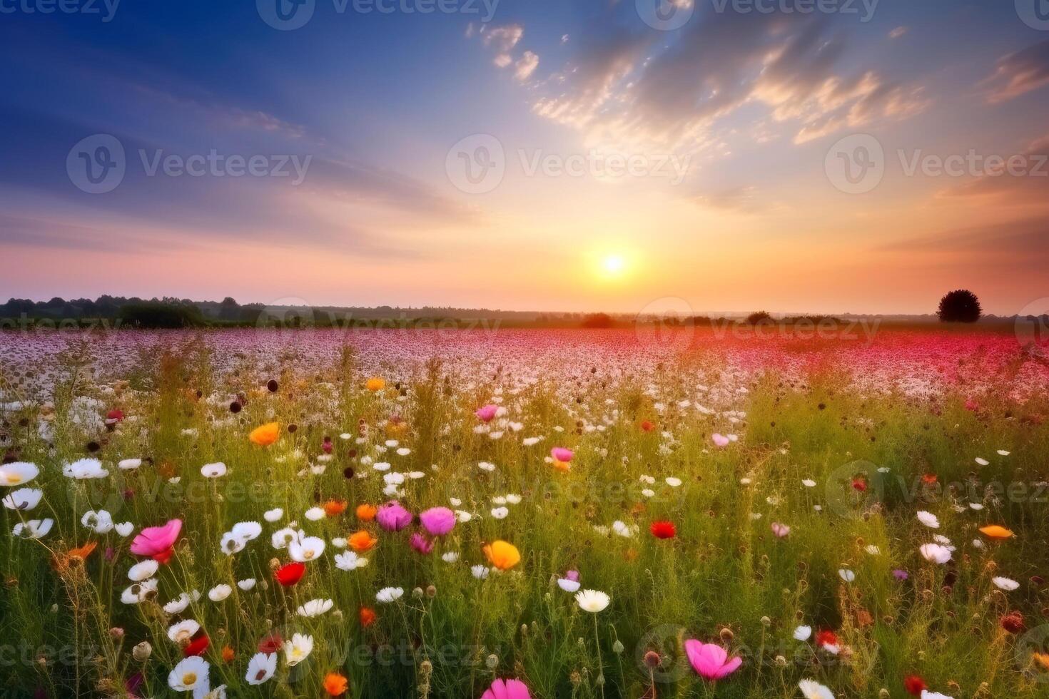 schön Wiese mit viele von Blumen während Sonnenuntergang erstellt mit generativ ai Technologie. foto