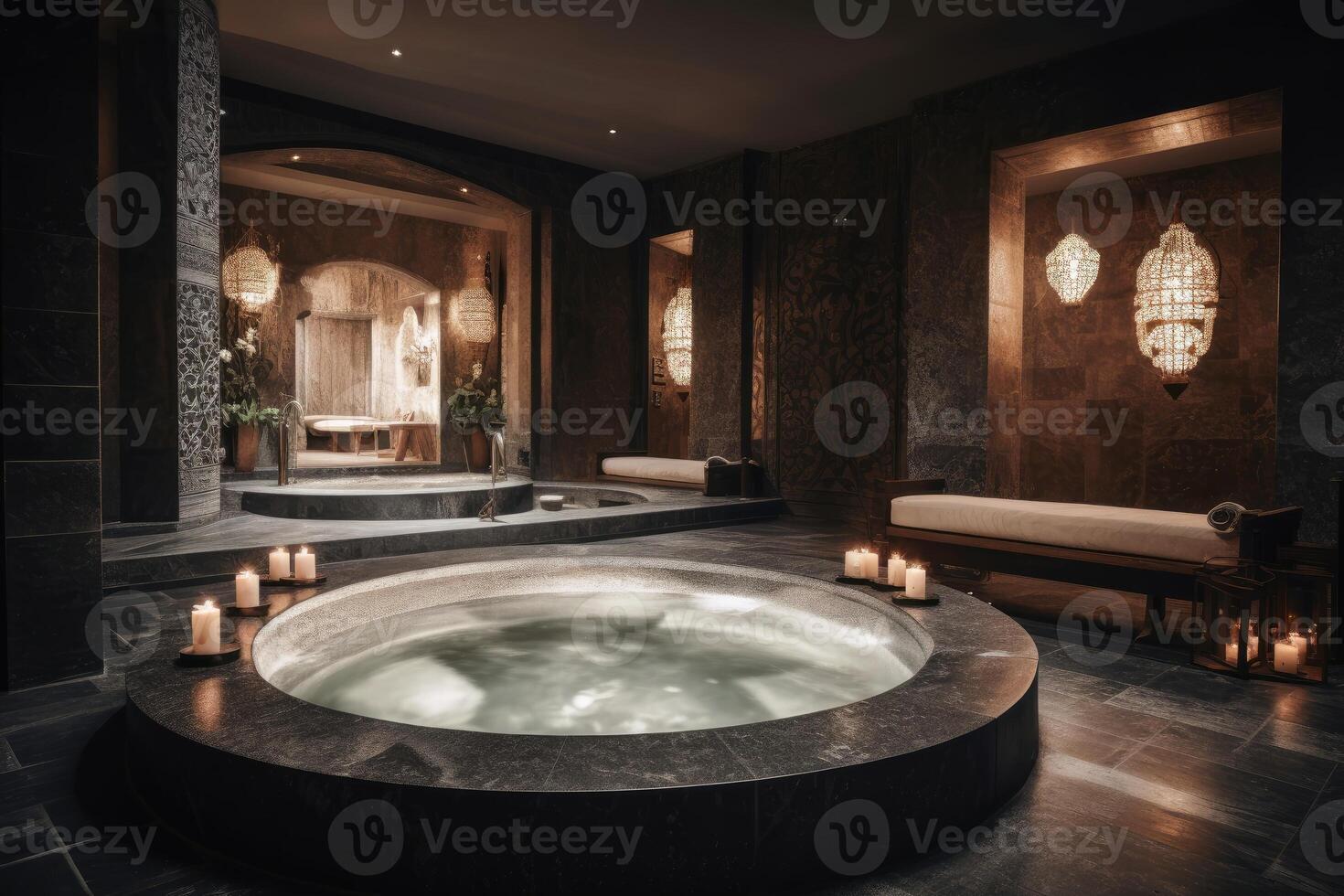 ein Luxus Spa Bereich mit ein enorm Badewanne und Kerze Licht erstellt mit generativ ai Technologie. foto