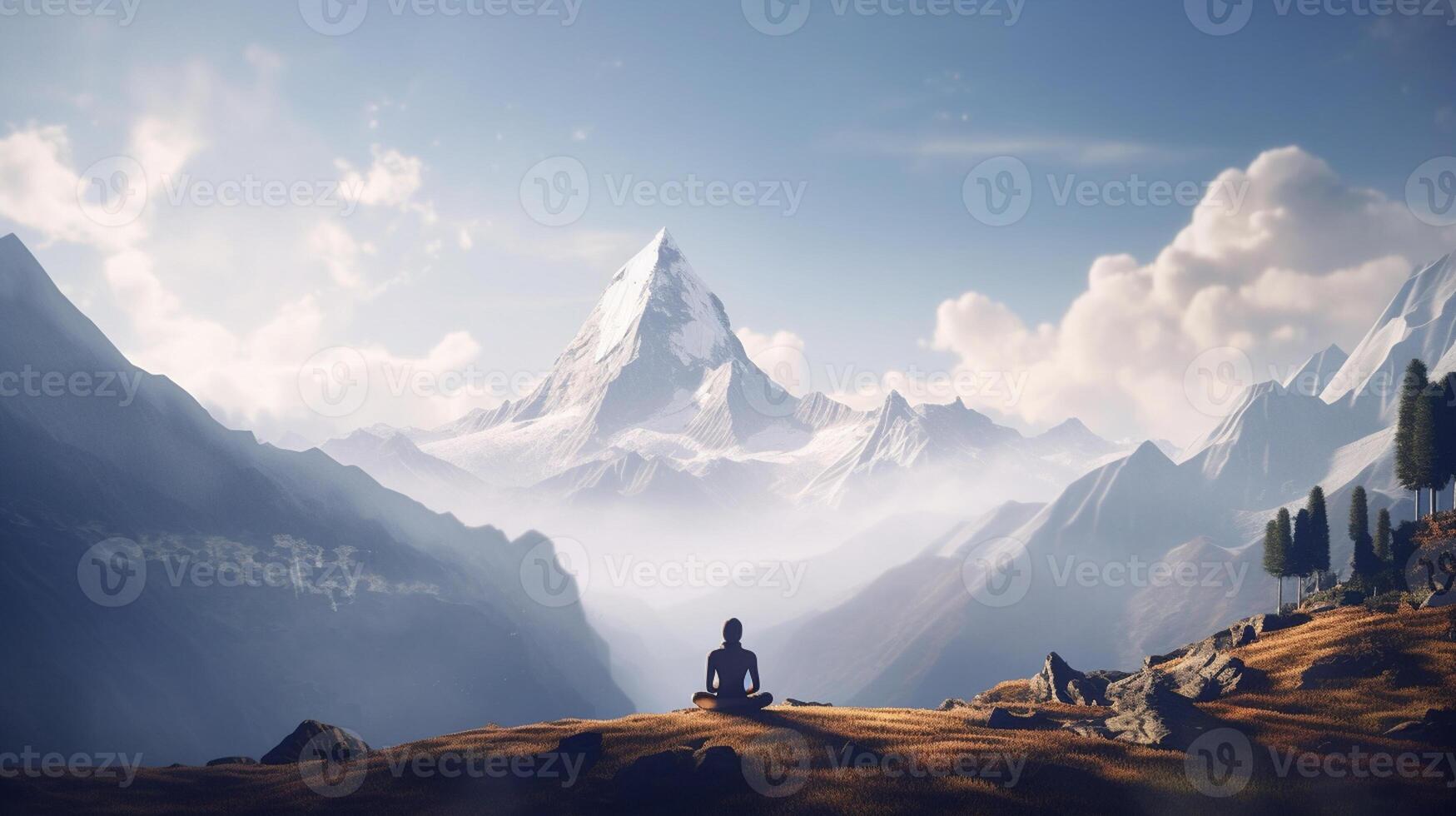 ai generativ Mann meditieren auf oben von ein Berg. 3d Rendern foto