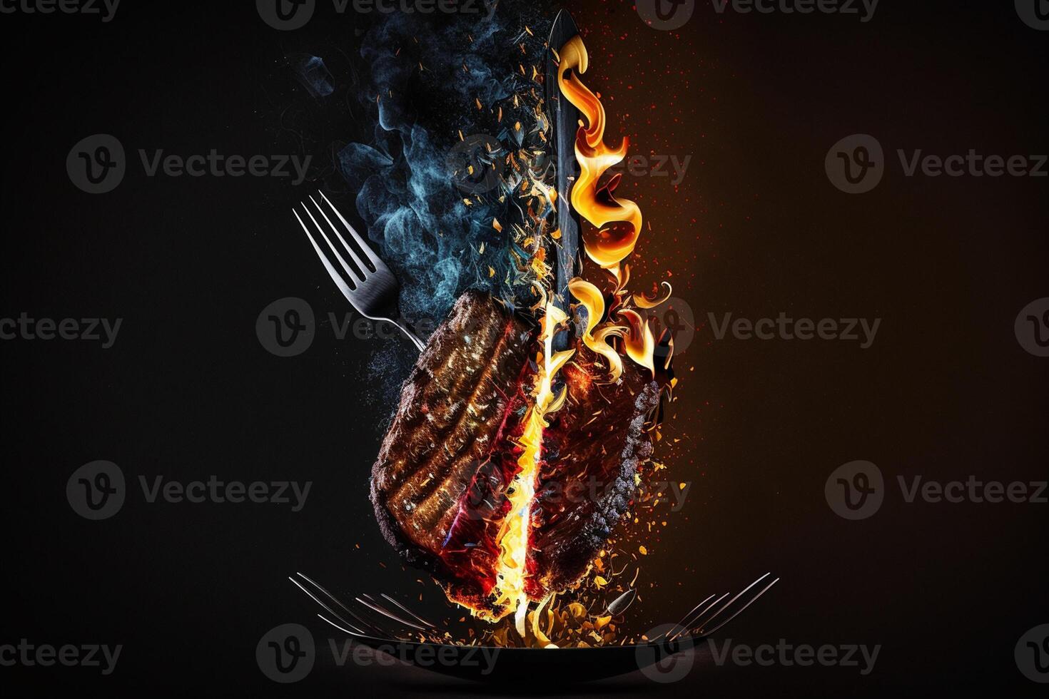 Mittel Selten Steak auf ein Eisen Gabel auf ein dunkel Hintergrund. von unter, Feuer und Funken. Fleisch und Feuer ai generiert foto