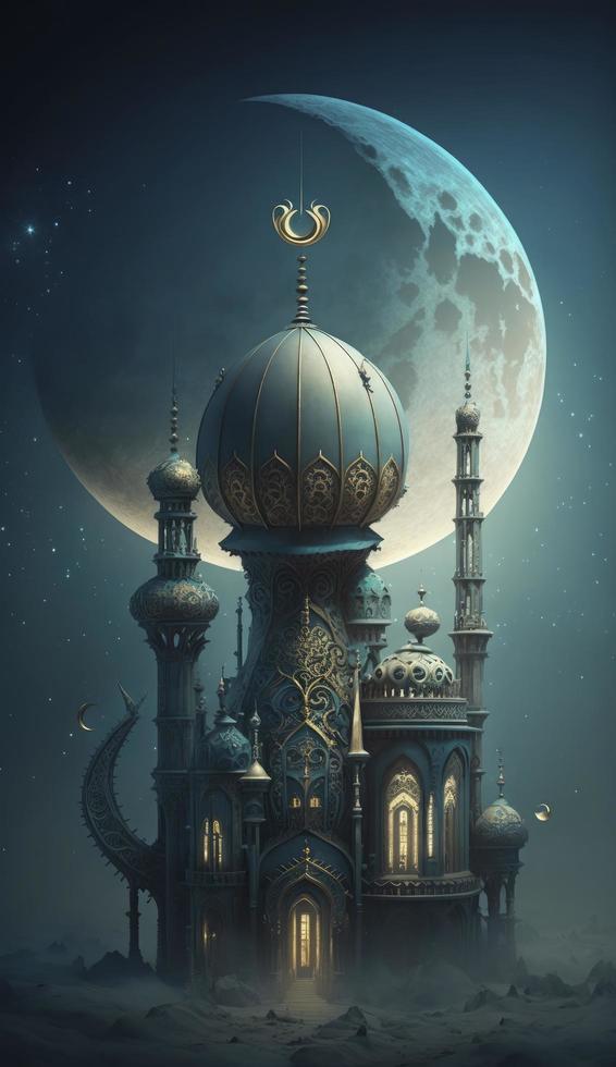 Moschee und Mond auf Blau Hintergrund. 3d machen und Illustration, generieren ai foto