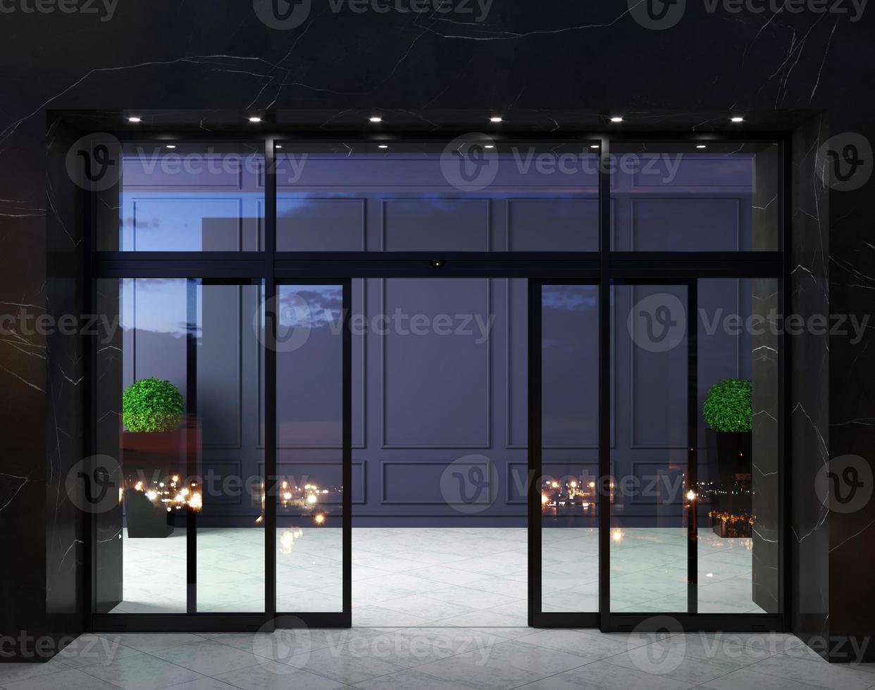 automatisch schwarz gleiten Türen Büro Fassade Attrappe, Lehrmodell, Simulation foto