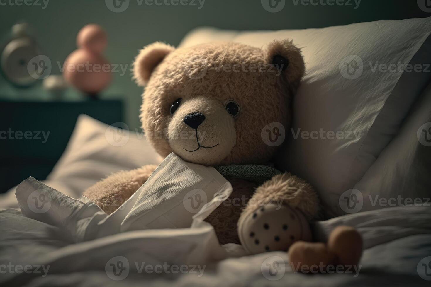 süß Teddy Lügen im Krankenhaus Bett. ai generiert foto