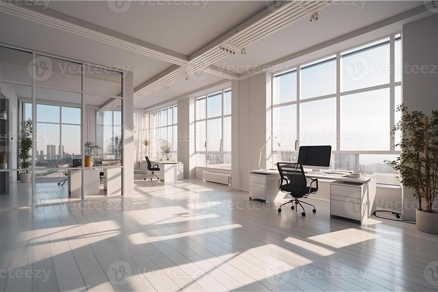groß Büro mit groß Fenster mit natürlich Licht im Weiß Farben. Geschäft Innere. generativ ai foto