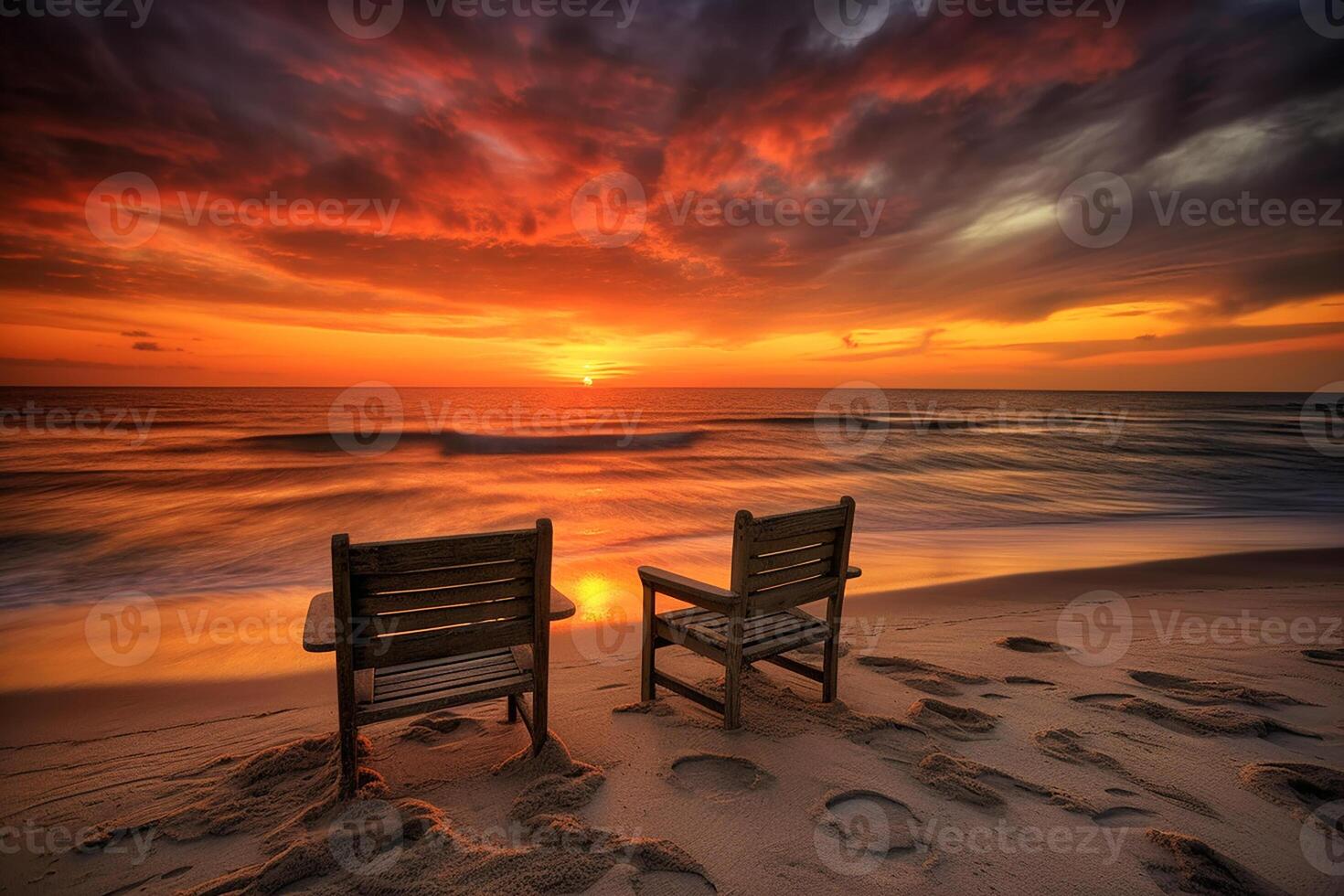 ein bunt Sonnenuntergang auf ein Karibik Strand mit Wolken, zwei Strand Stühle auf das Strand. generativ ai foto