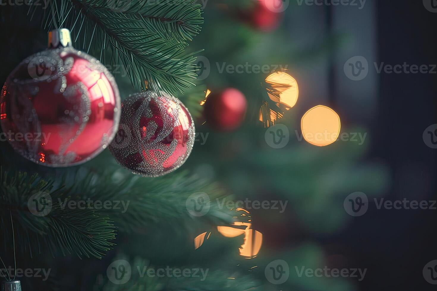 schließen oben Aussicht von schön Tanne Geäst mit glänzend bunt Flitter oder Ball, Weihnachten Ornamente und Beleuchtung, Weihnachten Ferien Hintergrund. generativ ai. foto