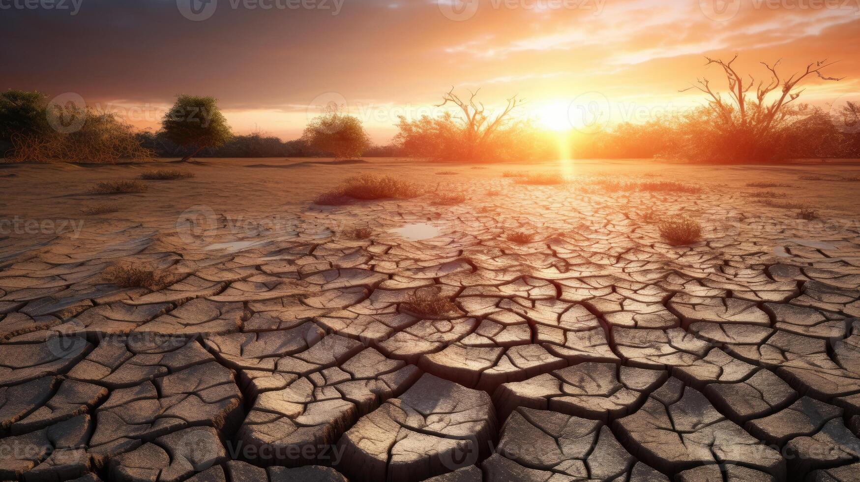 Land mit trocken und geknackt Boden. Wüste, global Erwärmen hintergrund.konzeptionell Bild von Klima ändern. generativ ai. foto