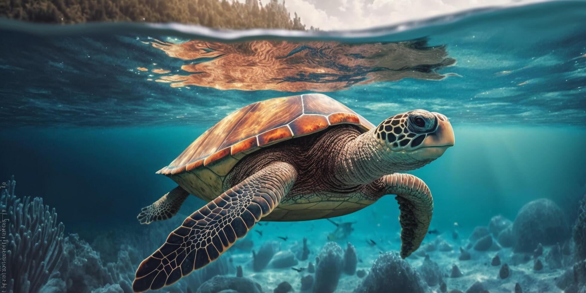 das Schildkröte ist Schwimmen im unter Wasser von das Meer mit ai generiert. foto