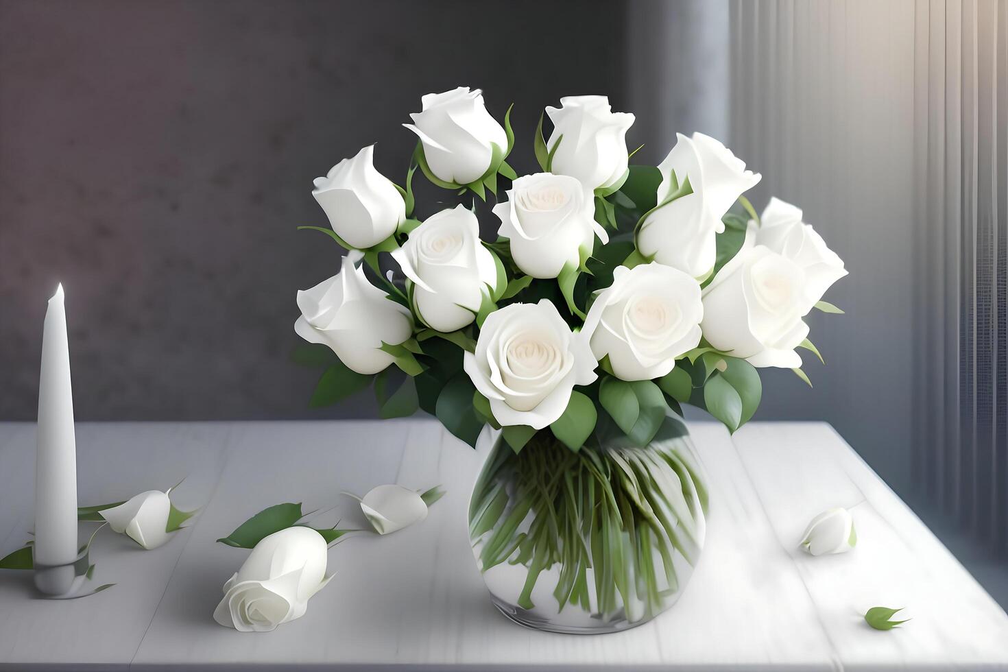 ein Vase von Weiß Rosen mit Grün Blätter auf ein Tabelle ai generativ foto