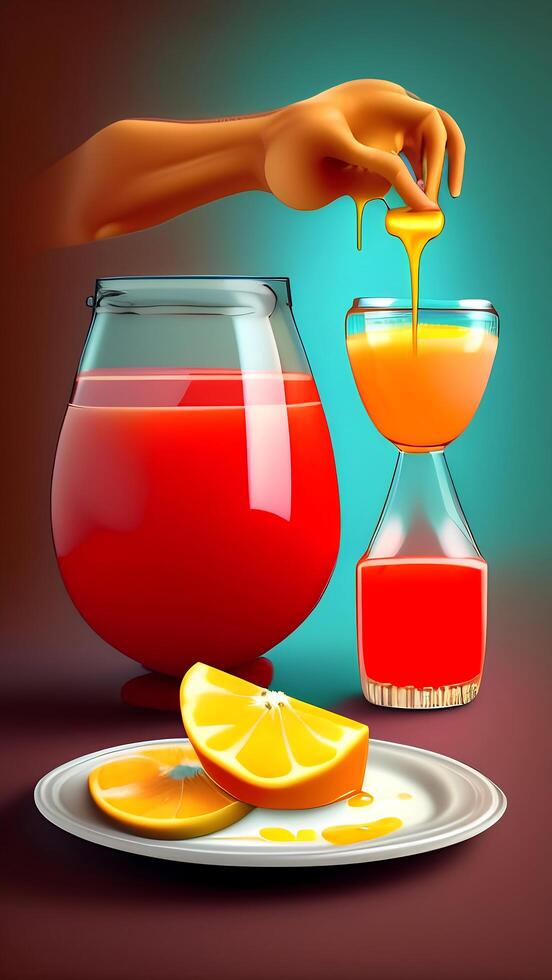 ai generativ ein Glas von Orange Saft ist Nächster zu ein Teller mit ein Scheibe von orange. foto