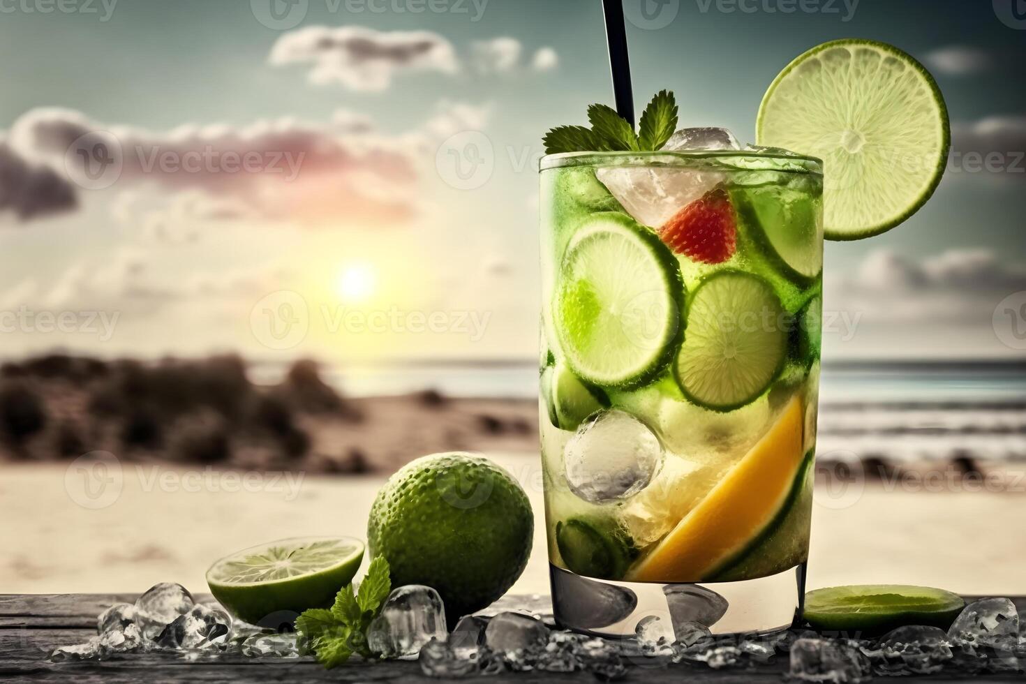 ai generiert nass Glas von frisch cool kalt Mohito Cocktail auf das Tabelle beim Strand beim Sommer- Zeit. abstrakt surreal Magie Cocktail im Raum oder andere Planet mögen Mars. unter Wasser Ozean Getränk. foto