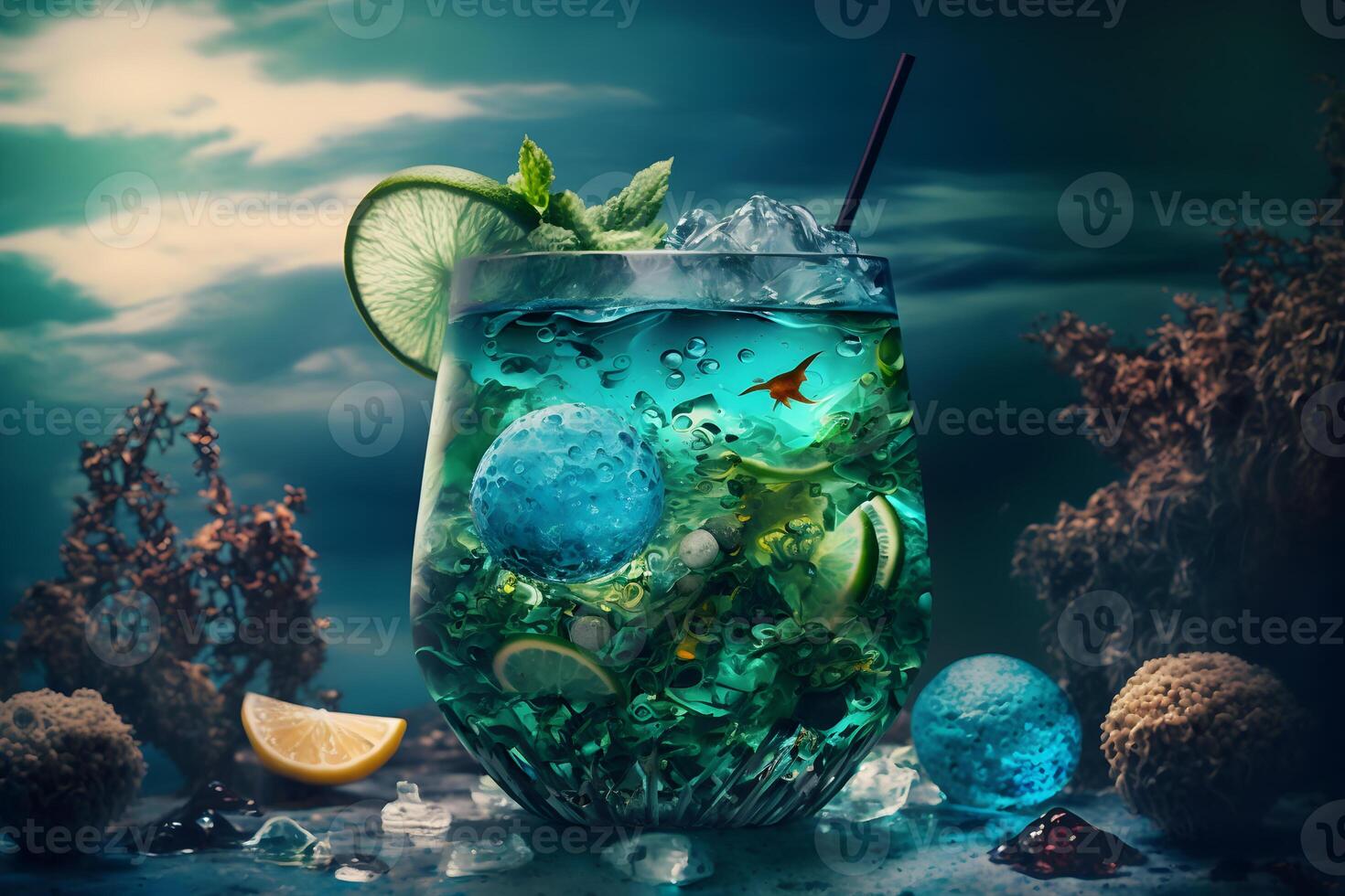 ai generiert nass Glas von frisch cool kalt Mohito Cocktail auf das Tabelle beim Strand beim Sommer- Zeit. abstrakt surreal Magie Cocktail im Raum oder andere Planet mögen Mars. unter Wasser Ozean Getränk. foto