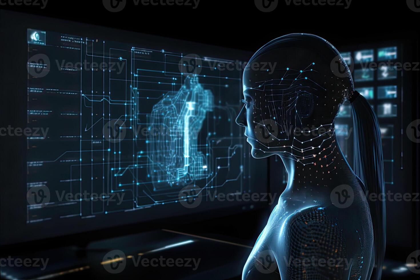 Maschine Lernen. künstlich Intelligenz Roboter auf futuristisch Hintergrund. generativ ai foto