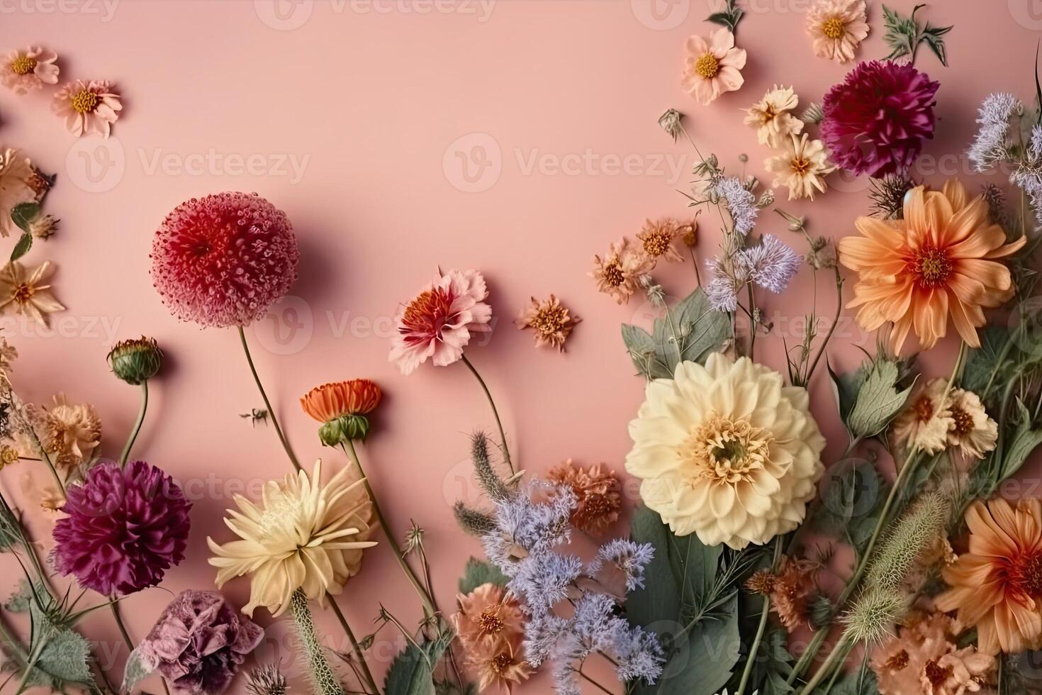 festlich Blumen- Komposition. Blumen auf hell farbig Hintergrund. generativ ai foto
