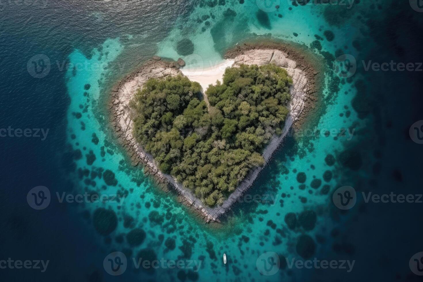 Antenne Aussicht von Herz gestalten Insel im Meer. generativ ai foto