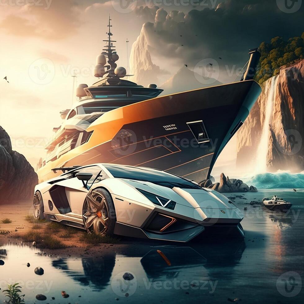 Weiß Lamborghini und Yacht. luxuriös Konzept. Geschäft Hintergrund. generativ ai foto