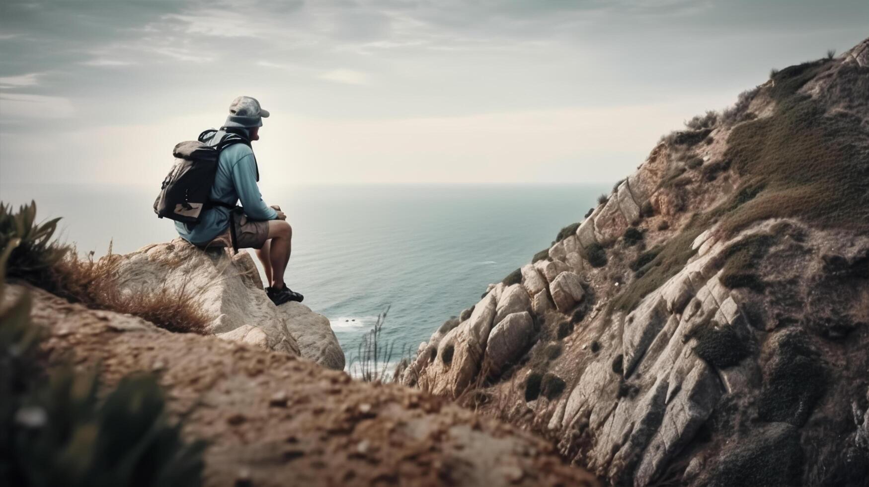 ein Mann sieht aus aus Über ein Berg und das Ozean. Abenteuer Reise, Sommer- Urlaub. generativ ai foto