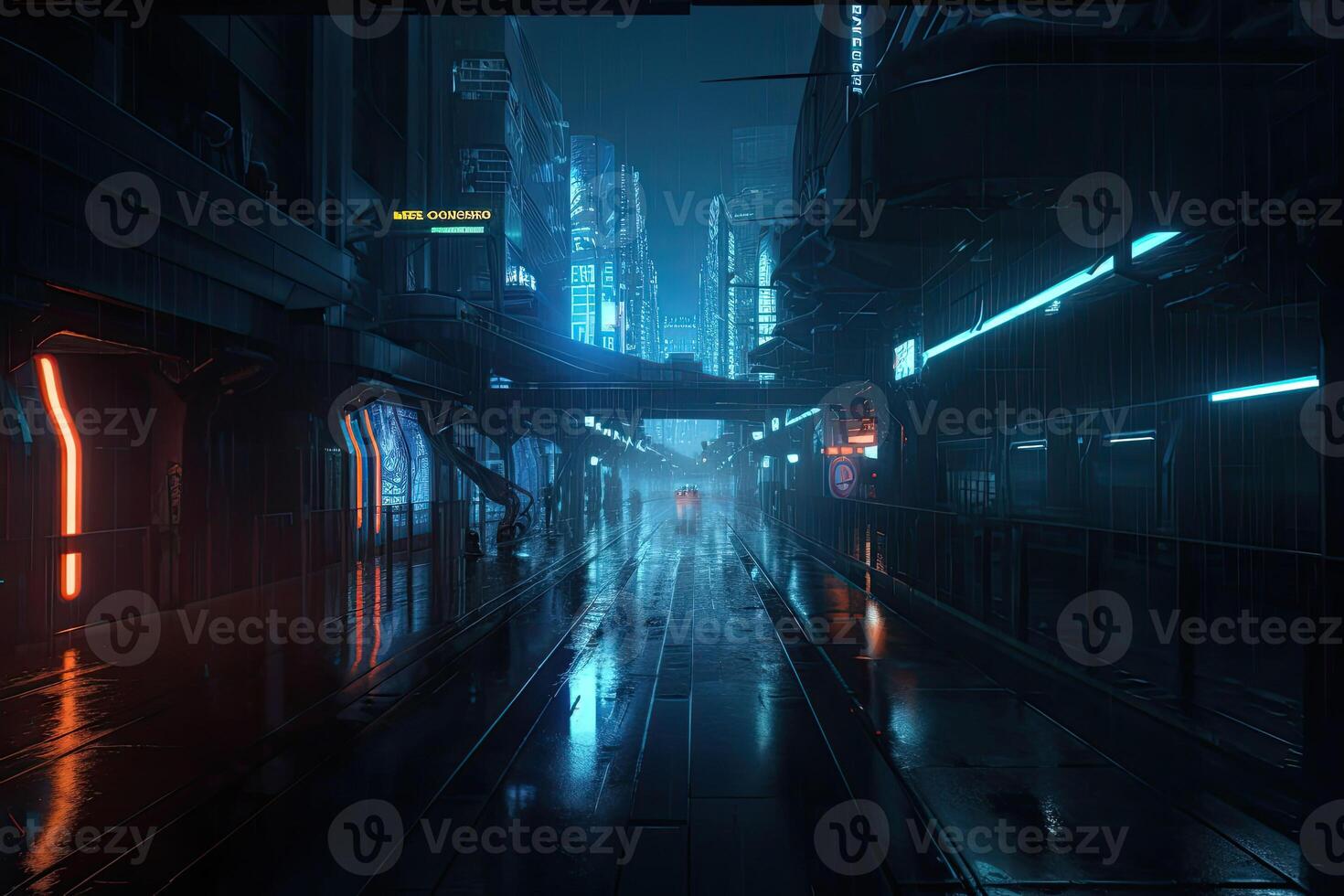 Neon- Nacht im ein futuristisch Stadt. Hintergrund im ein Cyberpunk Stil. leeren Straße mit Neon- Beleuchtung reflektieren im ein Wasser. generativ ai foto