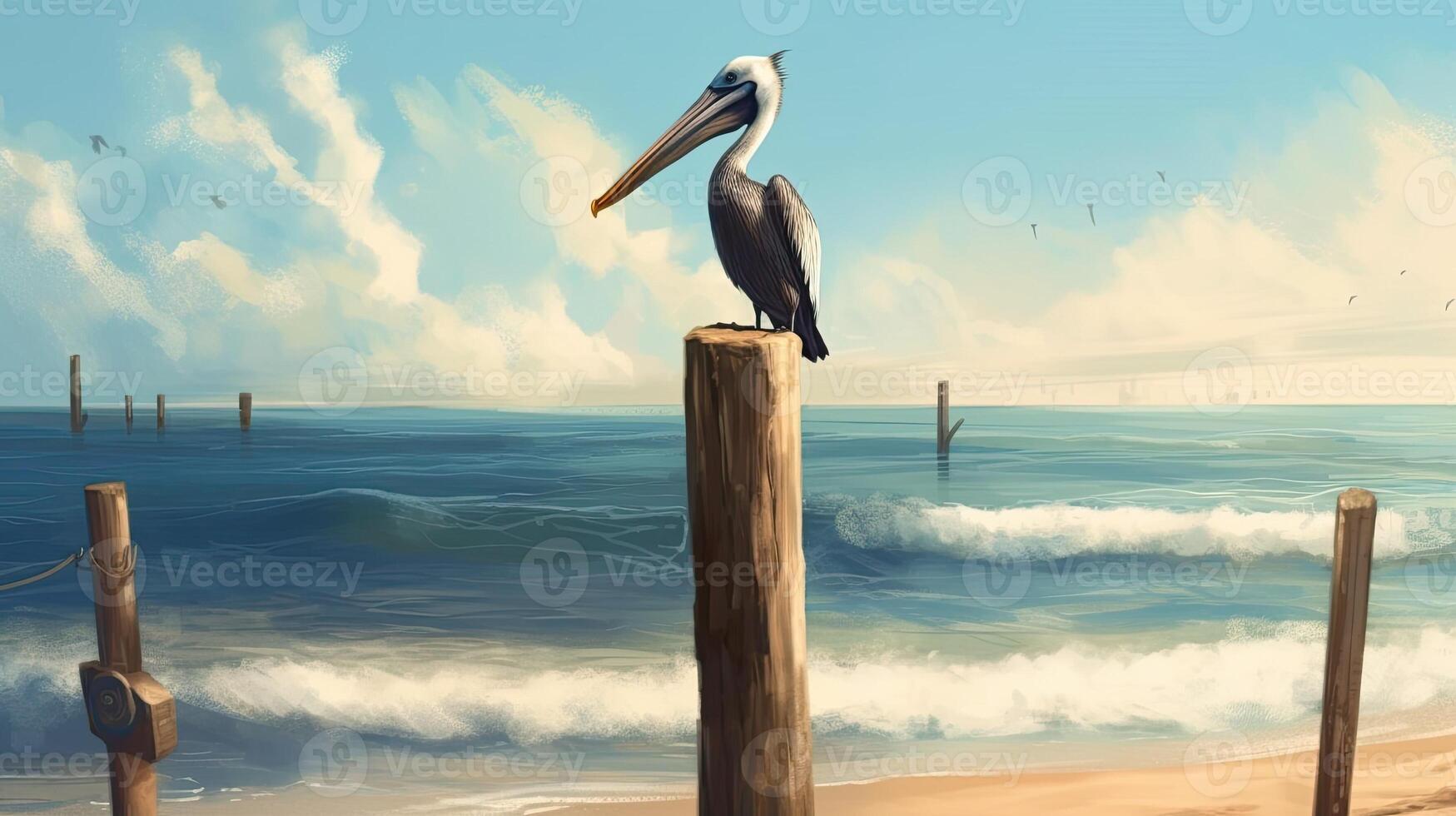 ein Strand Szene mit ein Pelikan thront auf ein Post. generativ ai foto