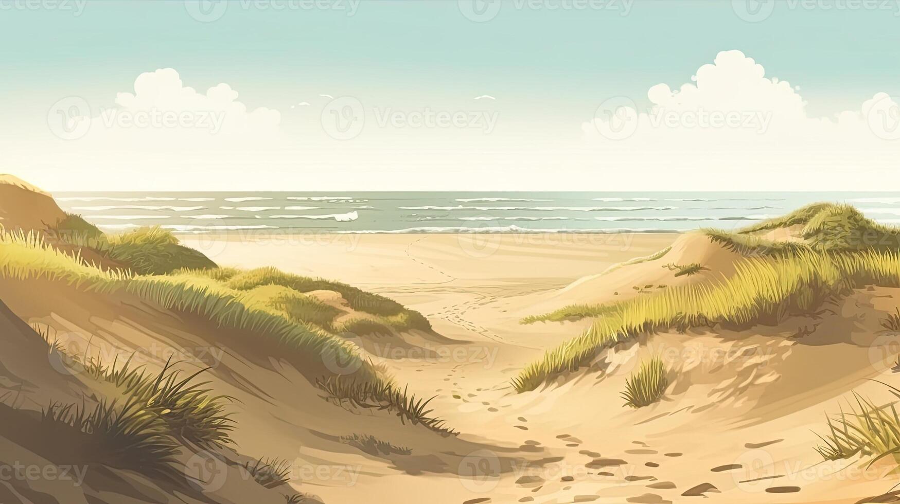 ein Strand Landschaft mit Sand Dünen und Wellen. generativ ai foto