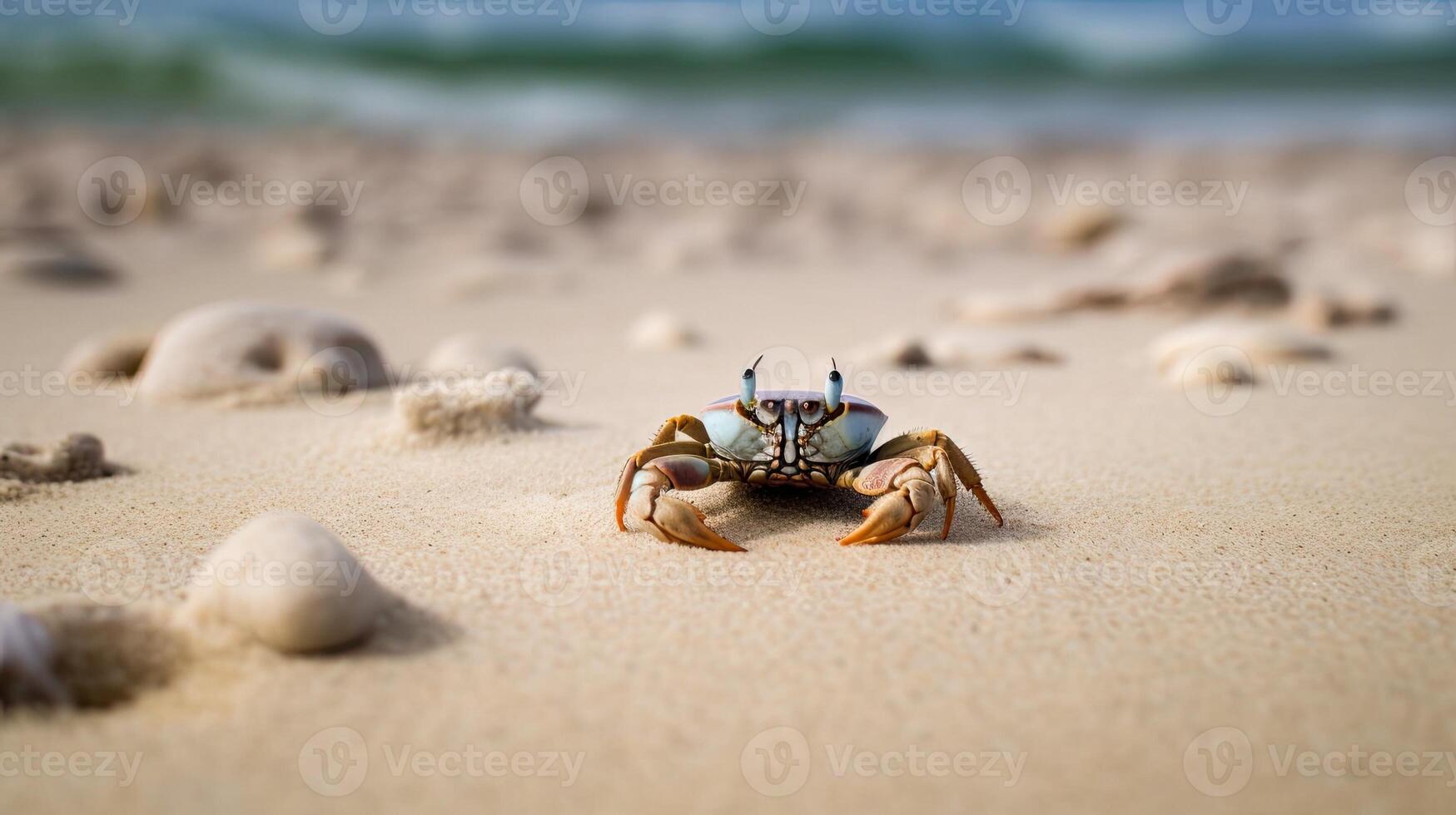 ein Strand Szene mit ein Krabbe kriechen auf das Sand. generativ ai foto