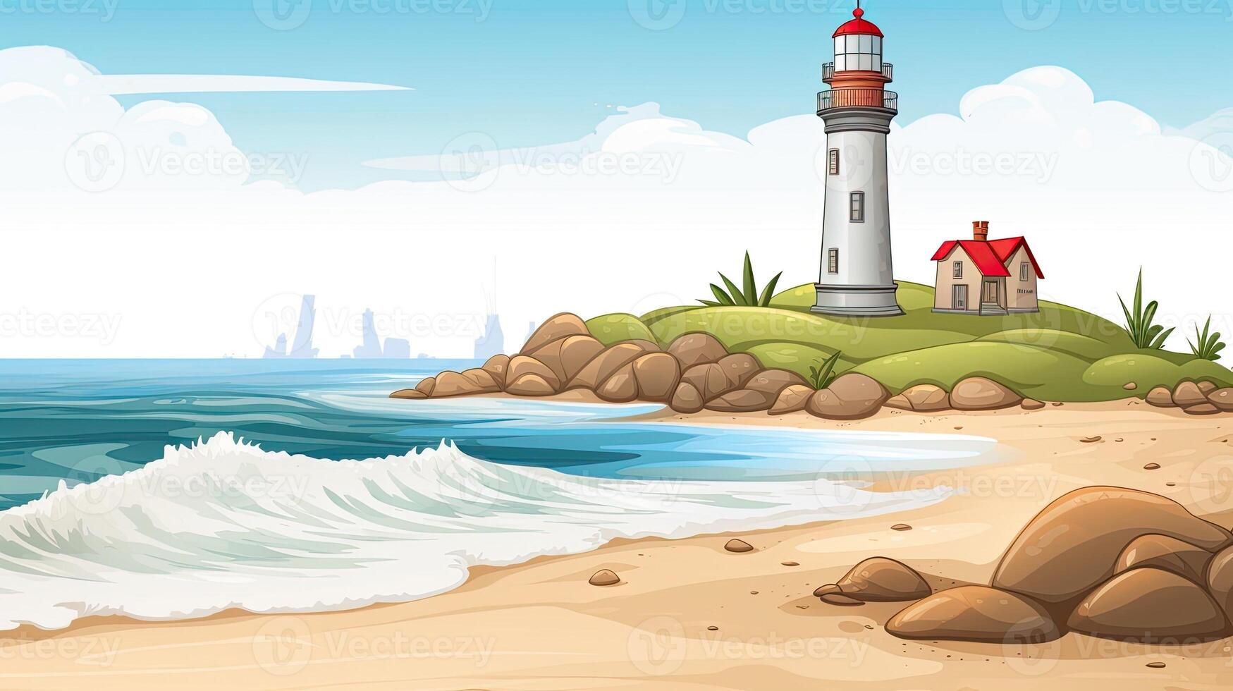 ein Strand Szene mit ein Leuchtturm im das Hintergrund. generativ ai foto