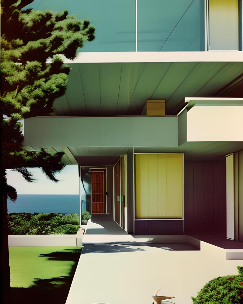 Mitte Jahrhundert modern Stil Haus mit Blick auf das Ozean generiert ai foto