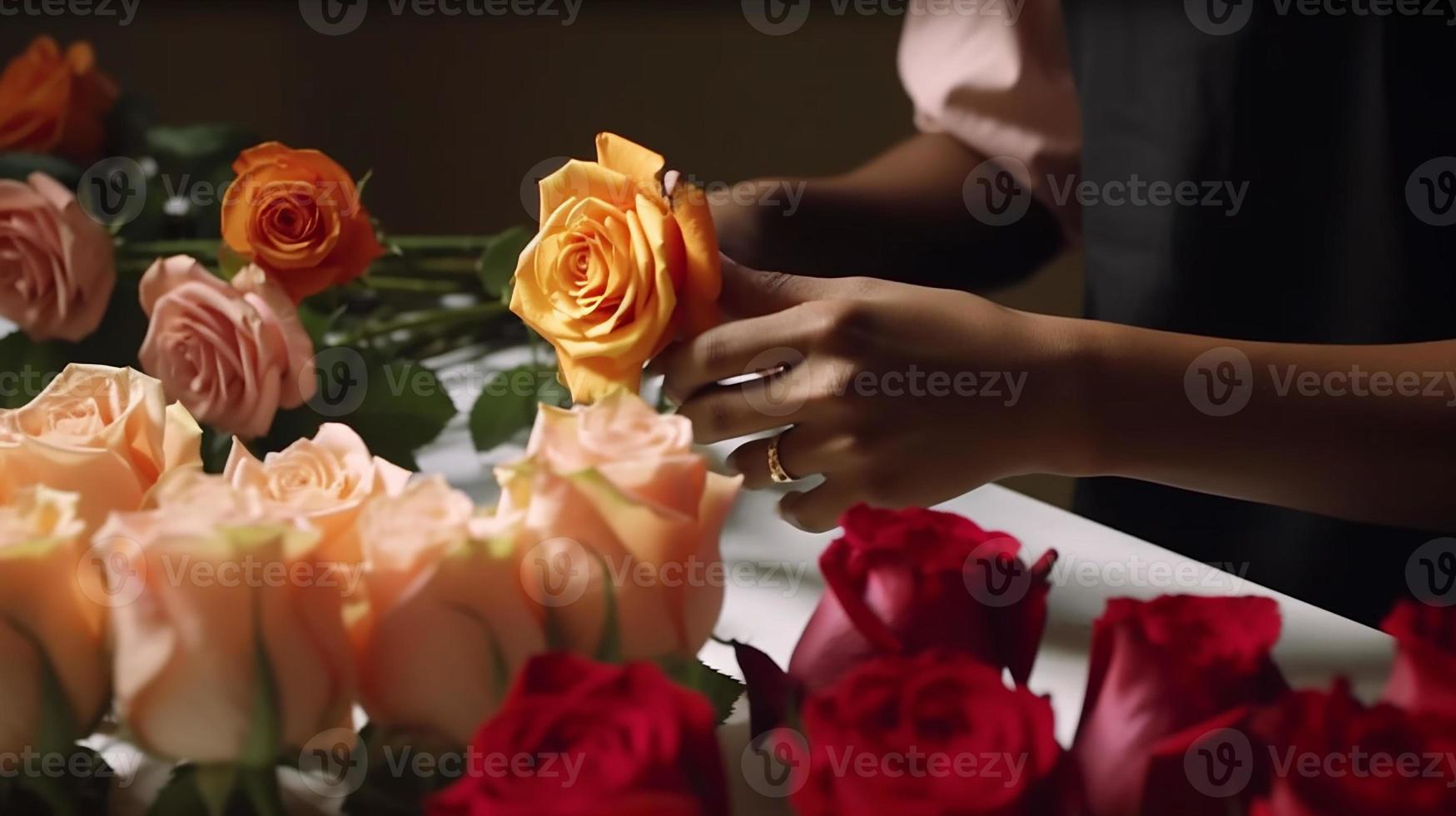 afrikanisch amerikanisch Frau arrangieren Gelb und rot Rosen foto