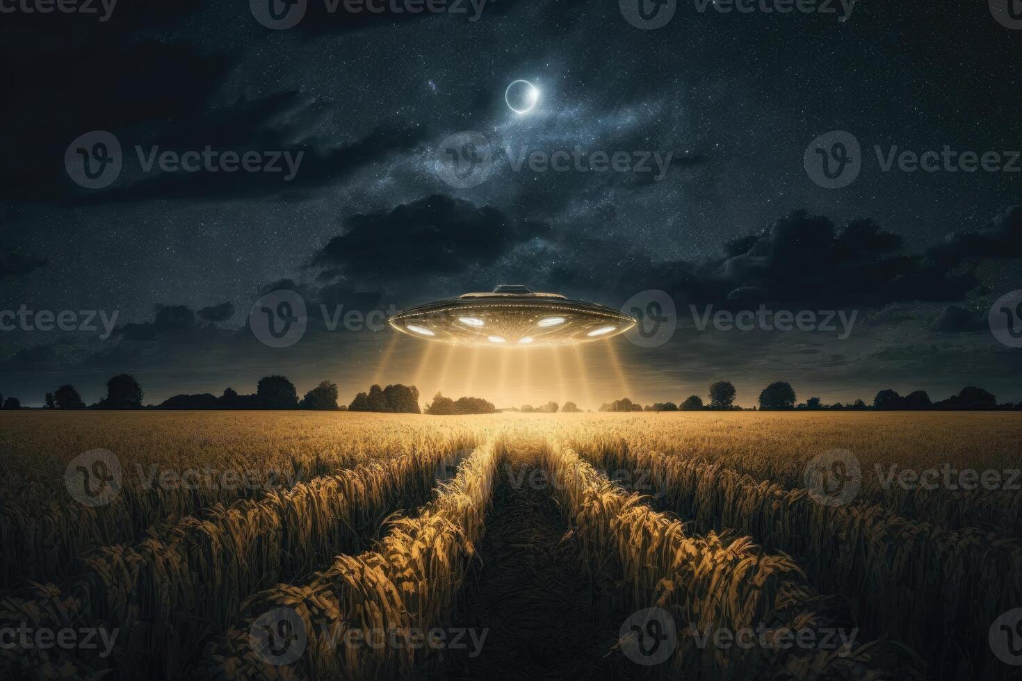 ai generiert das Ufos metallisch Oberfläche glänzte im das Mondlicht wie es schwebte schweigend über das Feld. foto