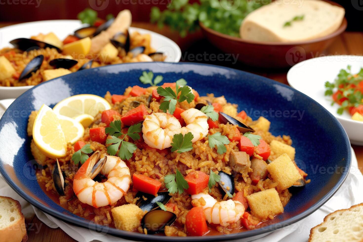 Spanisch Küche. Spanisch Paella mit Garnelen, Muscheln und Gemüse. Meeresfrüchte Paella mit Garnelen, Muscheln und Tomaten. generativ ai foto