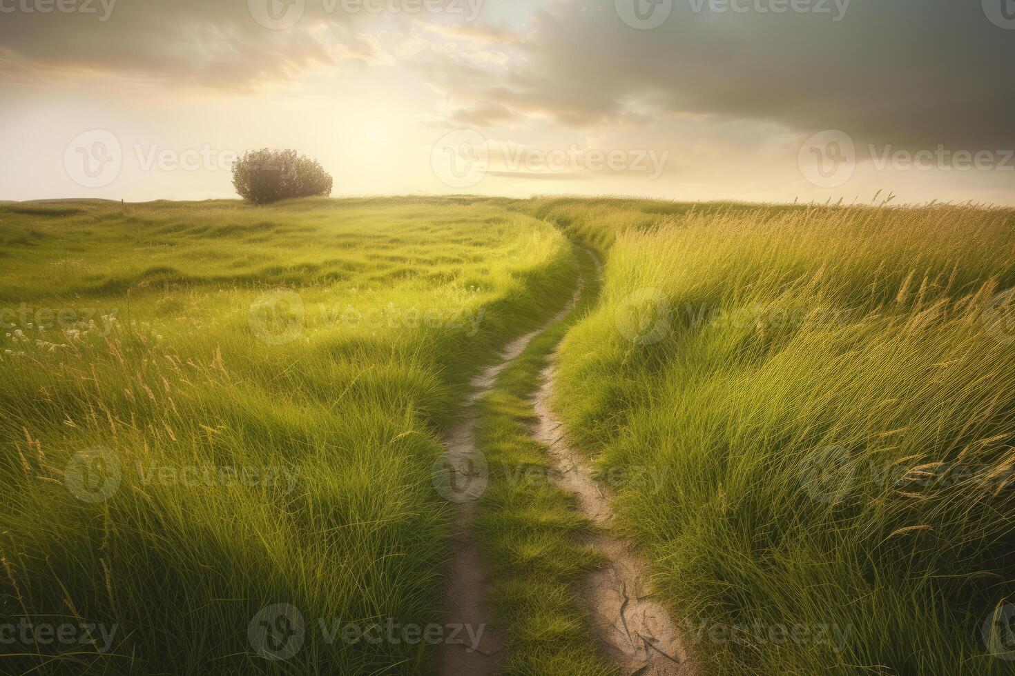 das Landschaft von Gras Felder und Blau Himmel Straße führen aus in das Distanz. generativ ai. foto