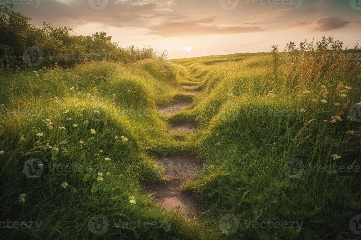 das Landschaft von Gras Felder und Blau Himmel Straße führen aus in das Distanz. generativ ai. foto