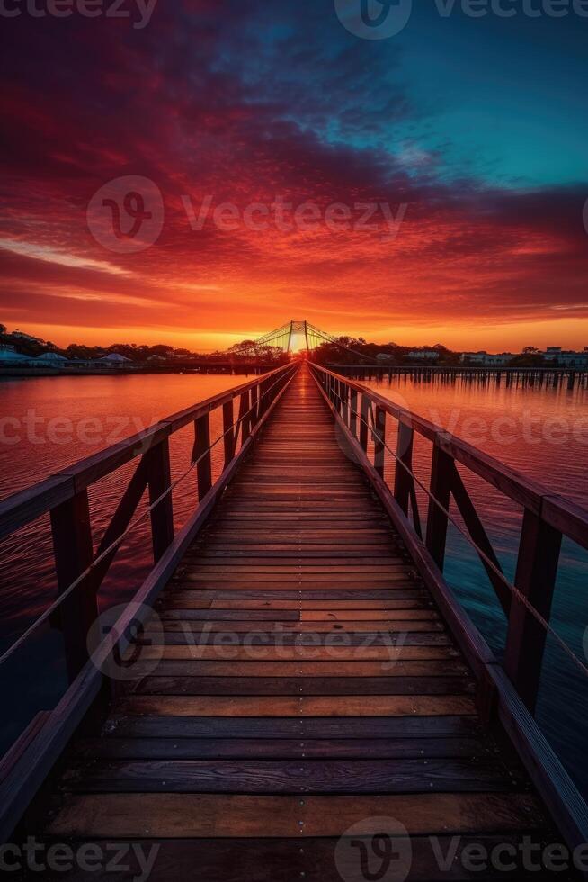 hölzern Planke Gehweg führen zu ein schön Sonnenuntergang auf das See. generativ ai. foto