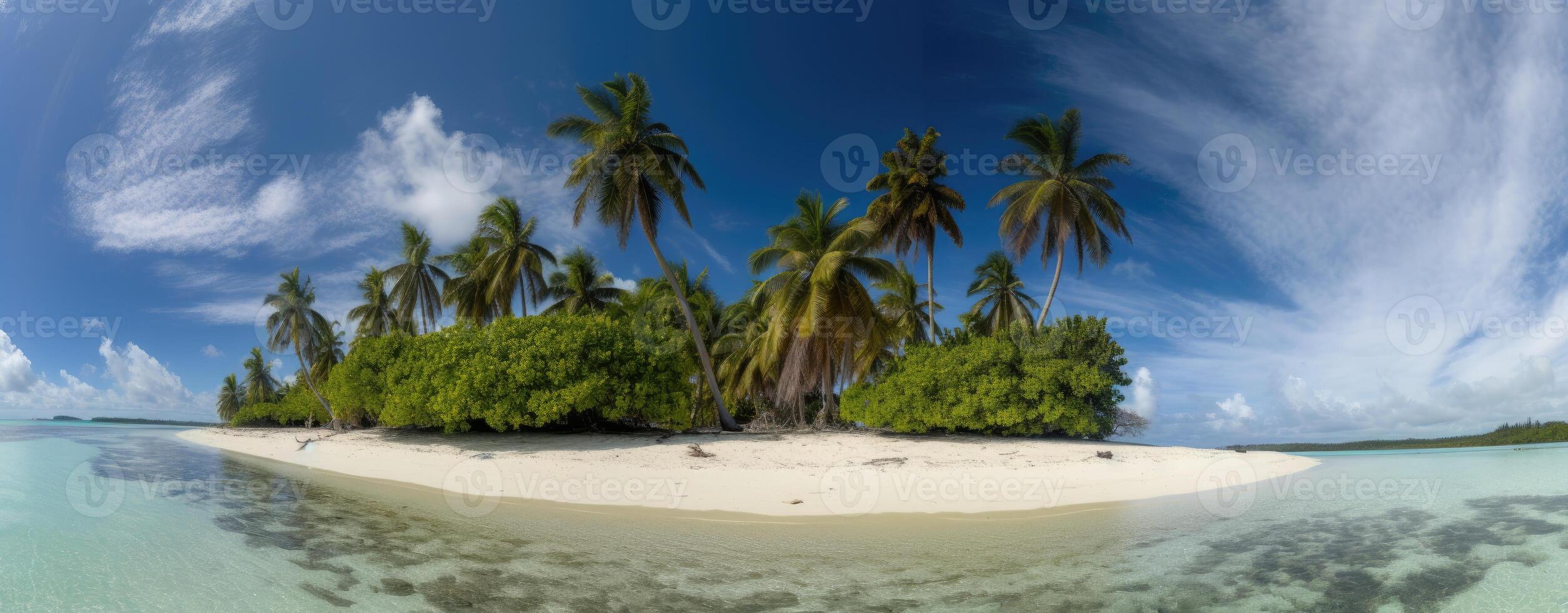 tropisch Paradies Strand mit Weiß Sand und Kokos Palmen Reise Tourismus breit Panorama Hintergrund Konzept. generativ ai. foto