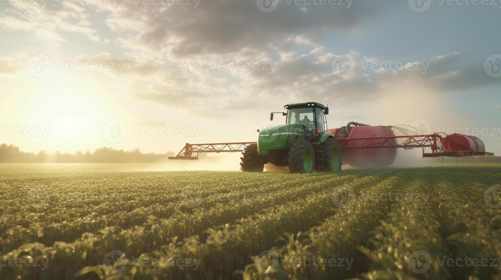 generativ ai, Traktor Sprühen ein Feld, Bauernhof Landschaft, landwirtschaftlich schön Landschaft, Land Straße. Natur Illustration, fotorealistisch oben Aussicht horizontal Banner. foto