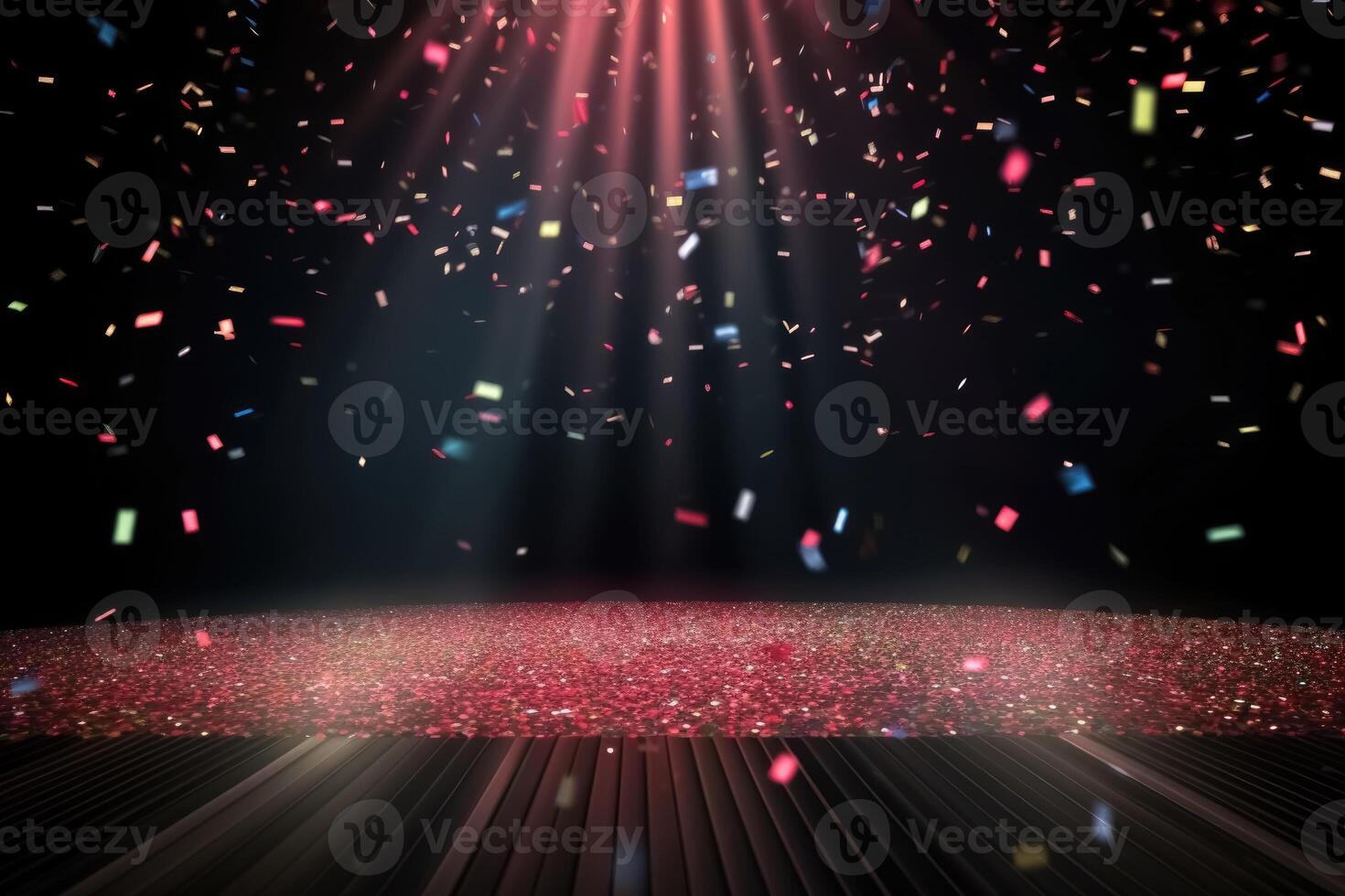 glänzend Konfetti fallen Nieder auf ein Bühne mit Lichtstrahlen Hintergrund erstellt mit generativ ai Technologie. foto