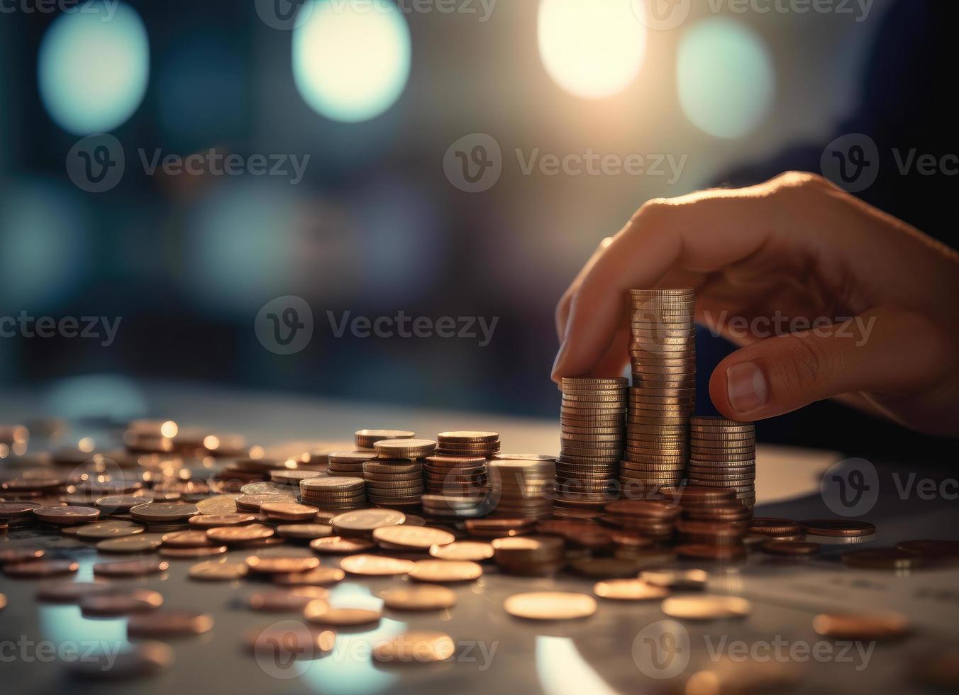 Investition Konzept, Münzen auf Tabelle mit Licht Bokeh Hintergrund foto