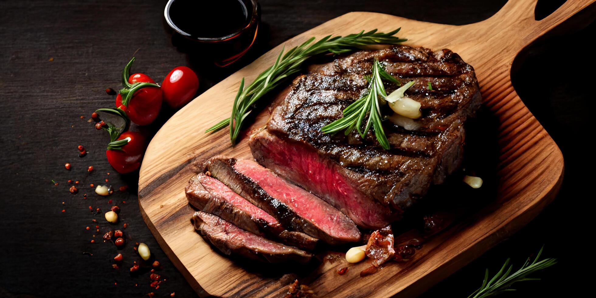 das Steak mit Zutaten auf das Holz Teller mit ai generiert. foto