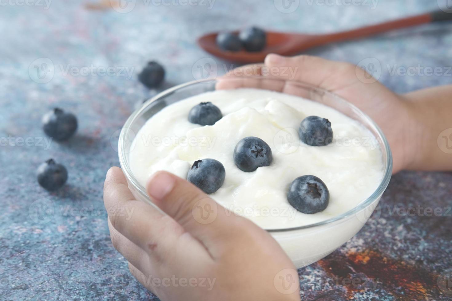 Person, die eine Schüssel Joghurt und Blaubeeren hält foto