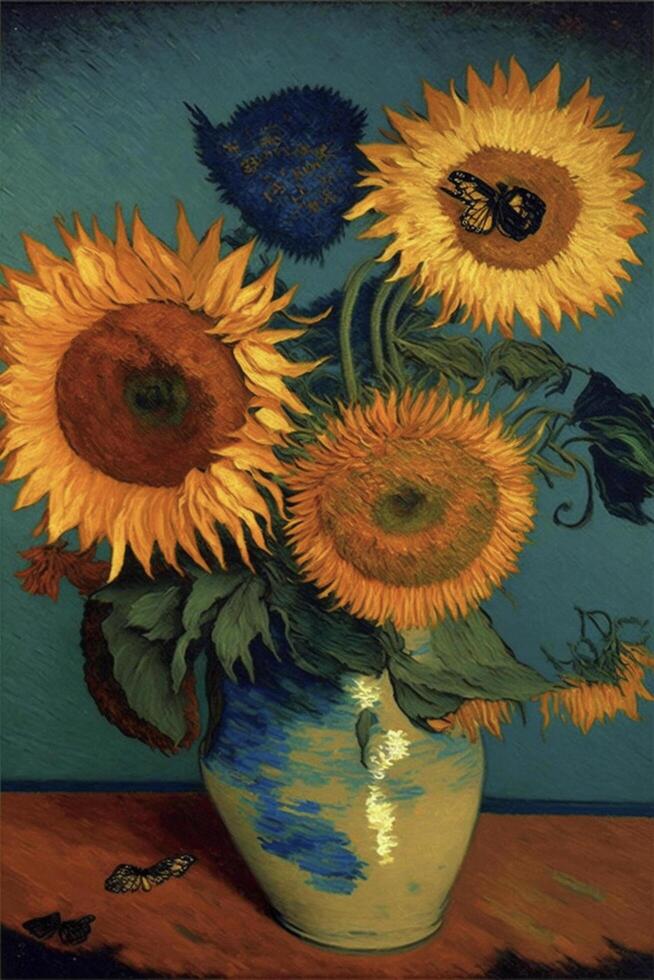 ein Gemälde von Sonnenblumen im ein Vase auf ein Tisch. generativ ai. foto