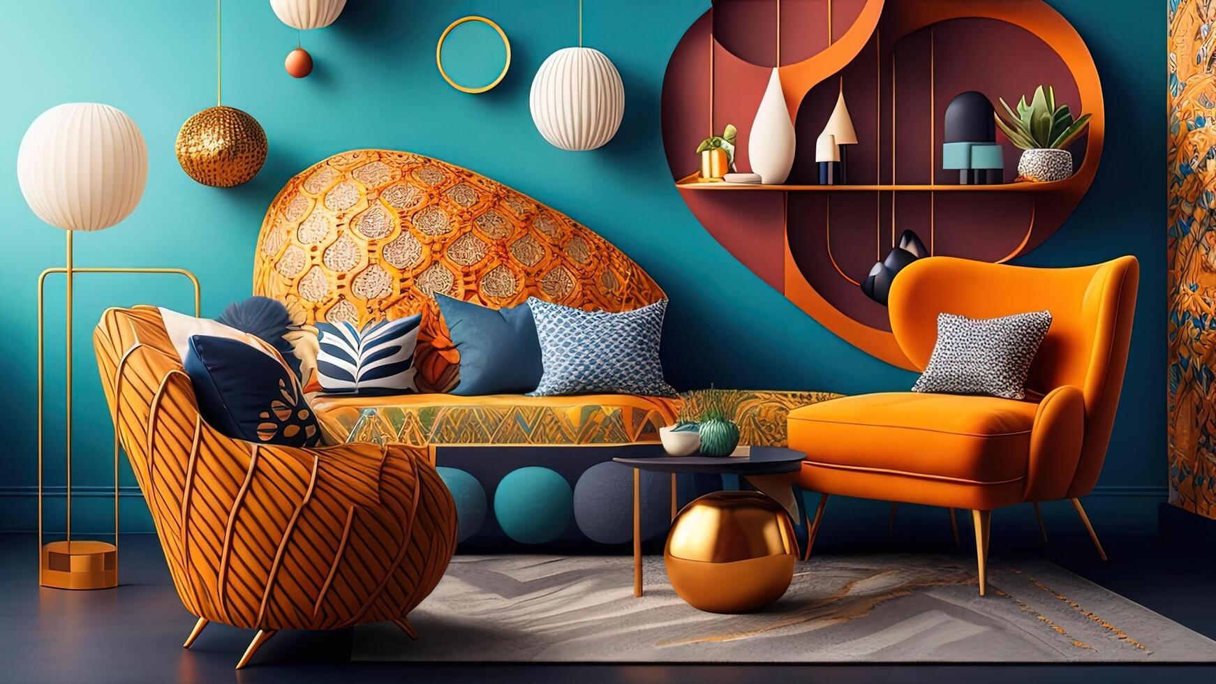 Innere von modern Leben Zimmer mit Orange Sessel. ai generiert foto