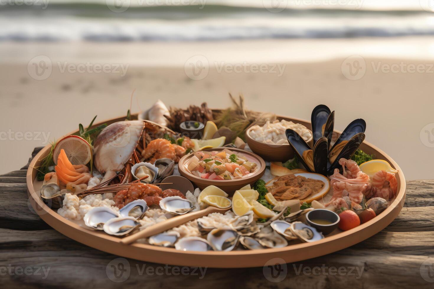 Meeresfrüchte Tablett mit Strand Hintergrund. ai generiert foto