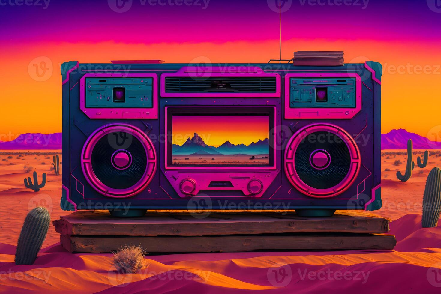 Jahrgang Radio Boombox im das Wüste, Retrowelle, Synthesizer. neural Netzwerk ai generiert foto